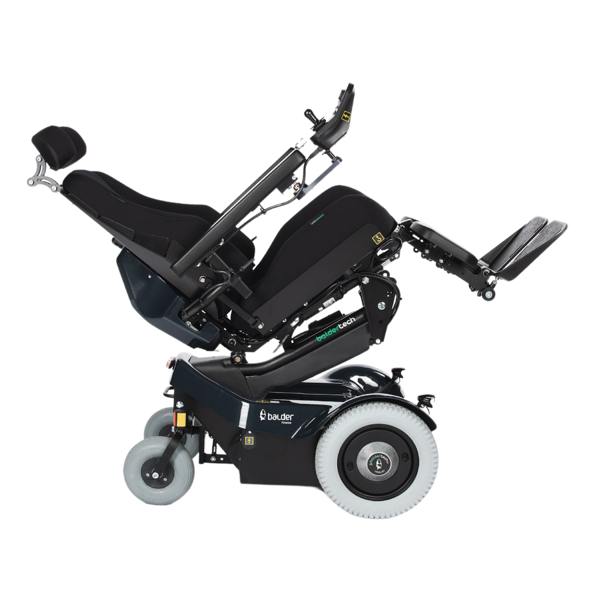 The tilt-in-space function on a Balder Finesse F380 powerchair. It is tilted back while remaining in a seated position.