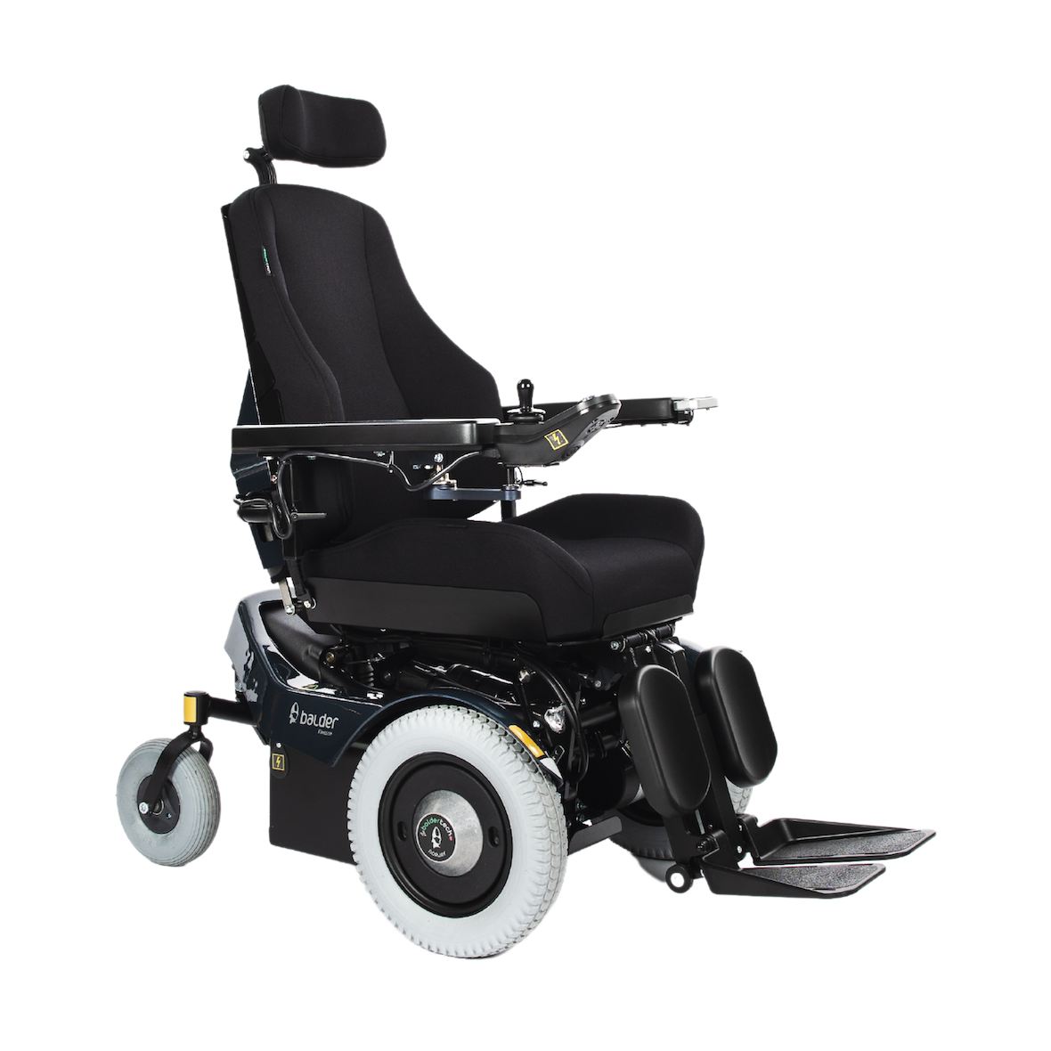 A Balder Finesse F380 powerchair in a seated position, displaying its low floor to seat height. 