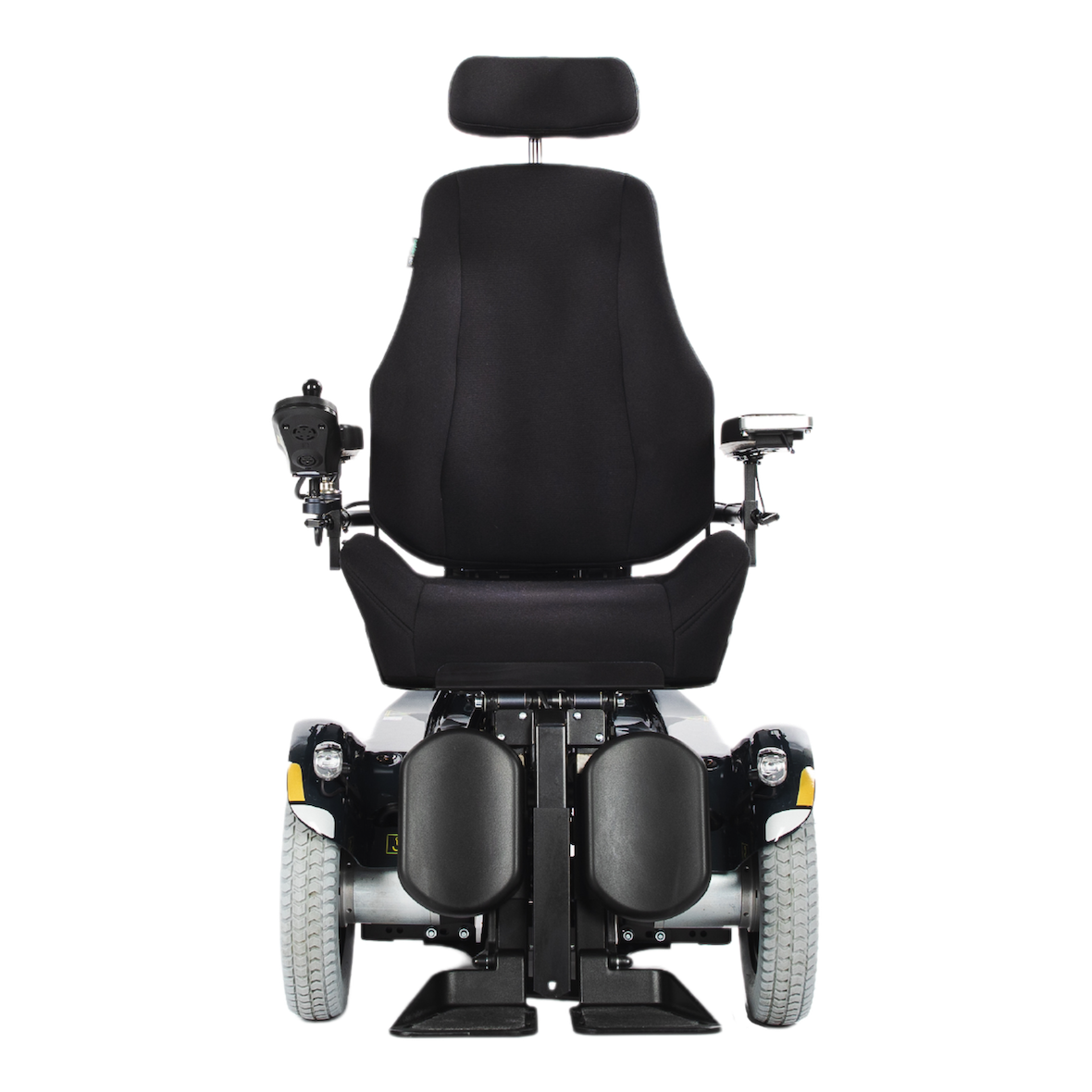 The front view of a a Balder Finesse F380 powerchair in a seated position.