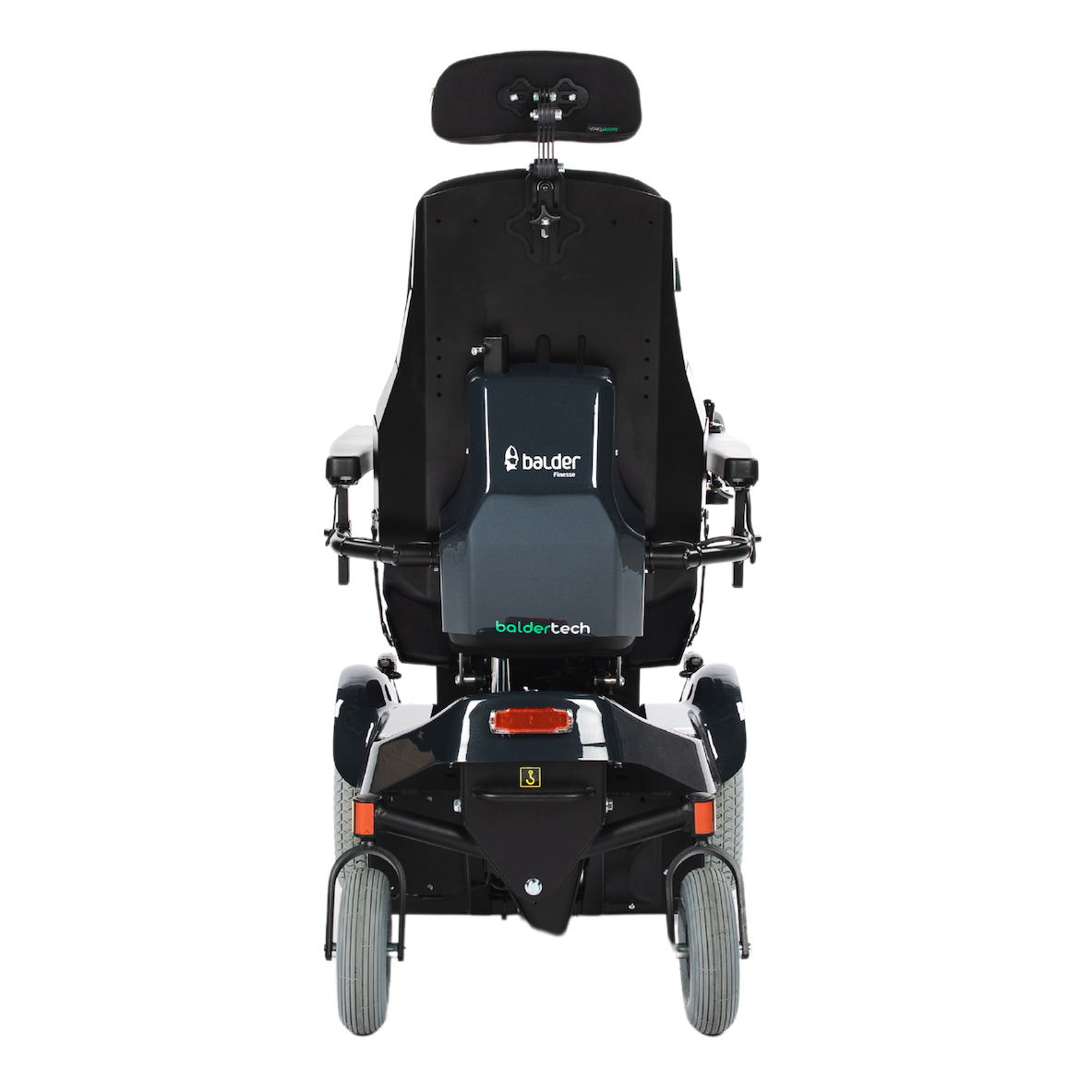 The rear view of a Balder Finesse F390 - A standing powerchair shown in a seated position. 