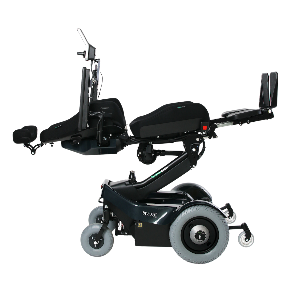 Balder Finesse F390 - A standing powerchair shown in a laying flat position. 
