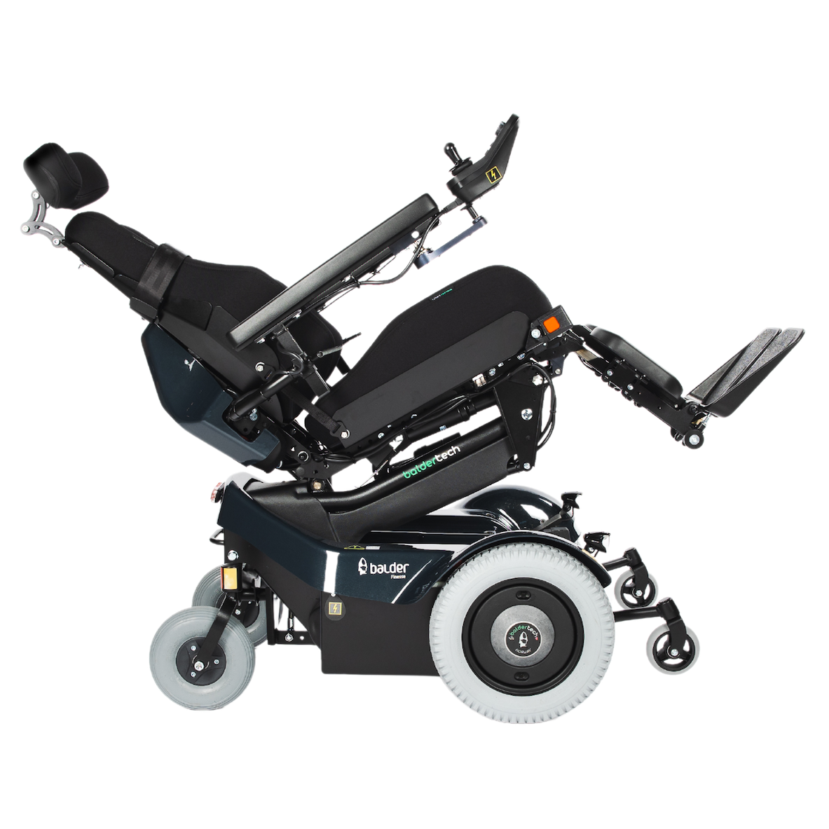 Balder Finesse F390 - A standing powerchair shown in a tilted position. 