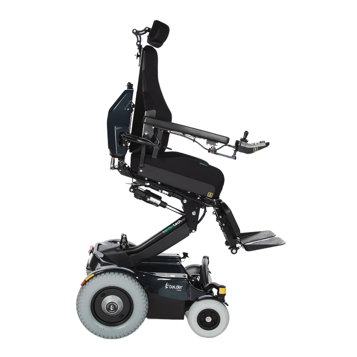 A side view of the Balder Liberty L380 powerchair in the elevated position and leaning forward. A rear wheel drive electric wheelchair.