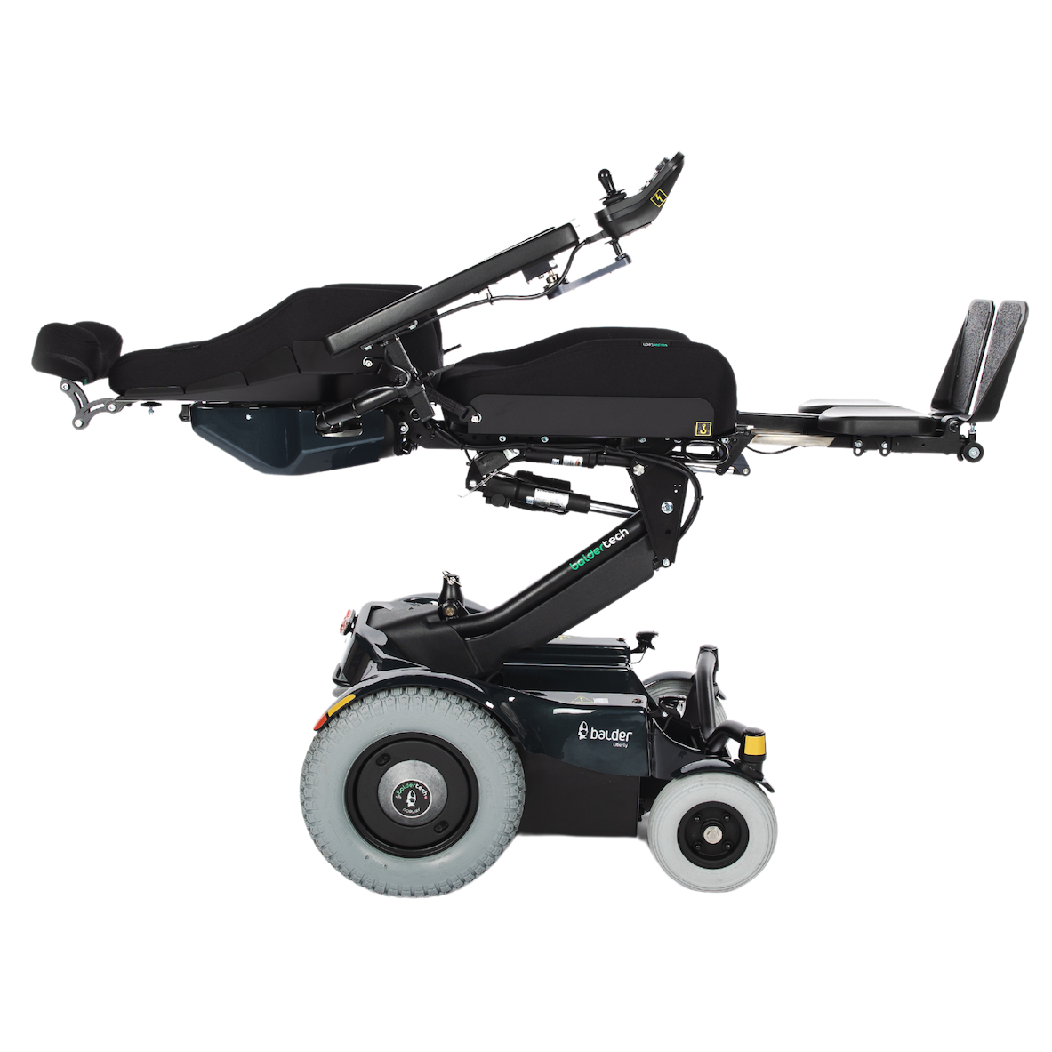A side view of the Balder Liberty L380 powerchair in the laying flat position. A rear wheel drive electric wheelchair.