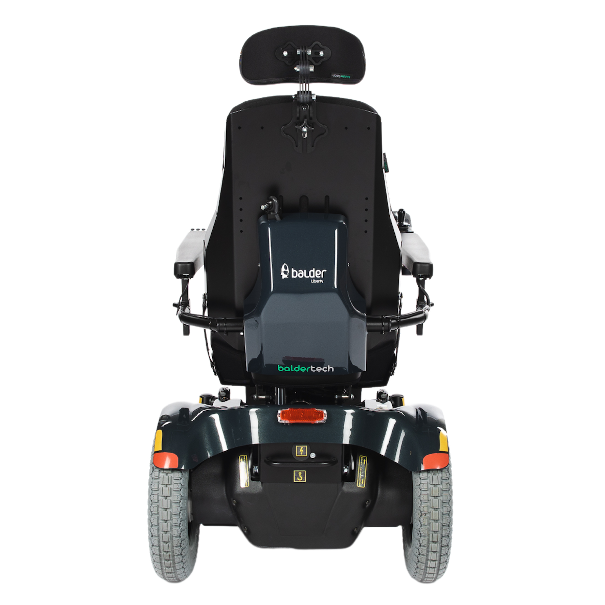A rear view of the Balder Liberty L380 powerchair. A rear wheel drive electric wheelchair.