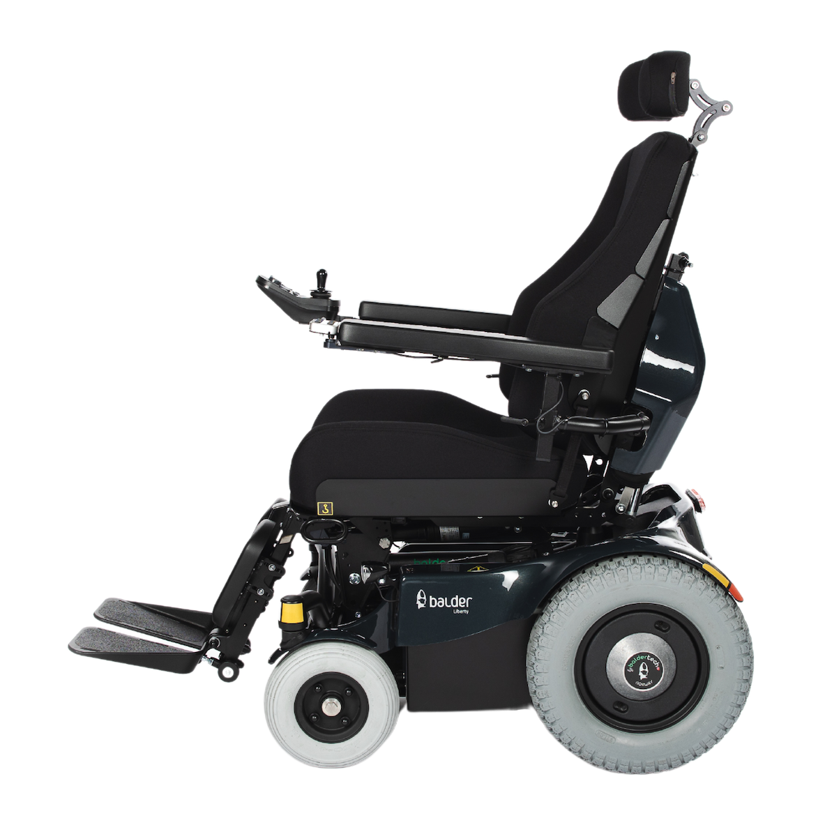 A side view of the Balder Liberty L380 powerchair. A rear wheel drive electric wheelchair.