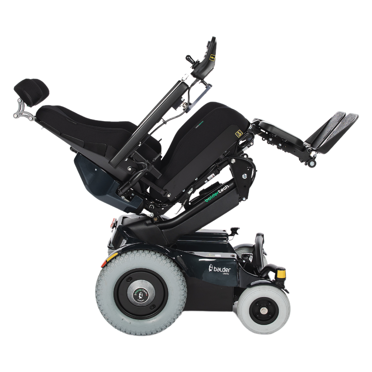A side view of the Balder Liberty L380 powerchair in the reclined position. A rear wheel drive electric wheelchair.