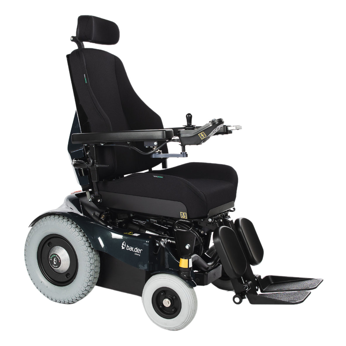 A side view of the Balder Liberty L380 powerchair. A rear wheel drive electric wheelchair.
