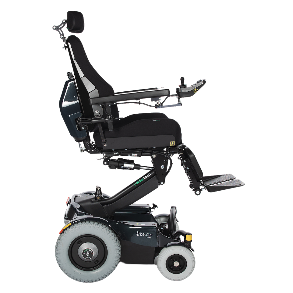A side view of the Balder Liberty L380 powerchair in the elevated position. A rear wheel drive electric wheelchair.