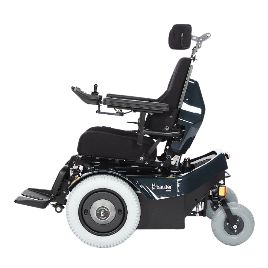 The side view of a Balder Junior J335 childrens powerchair in a low down seated position.