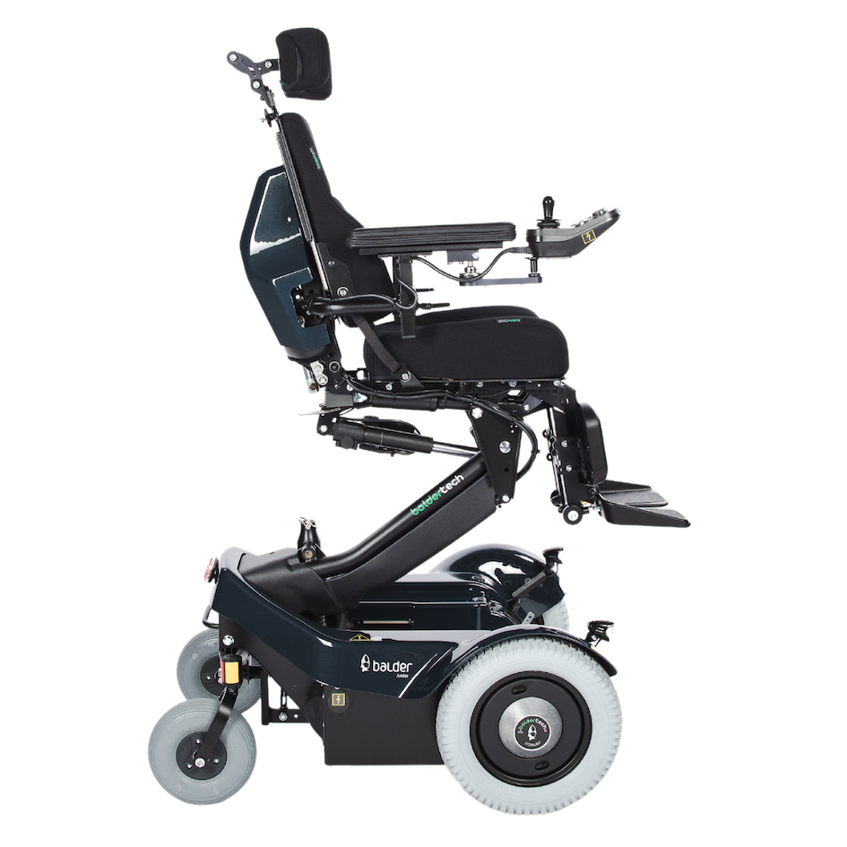 The side view of a Balder Junior J335 childrens powerchair in an elevated seating position.