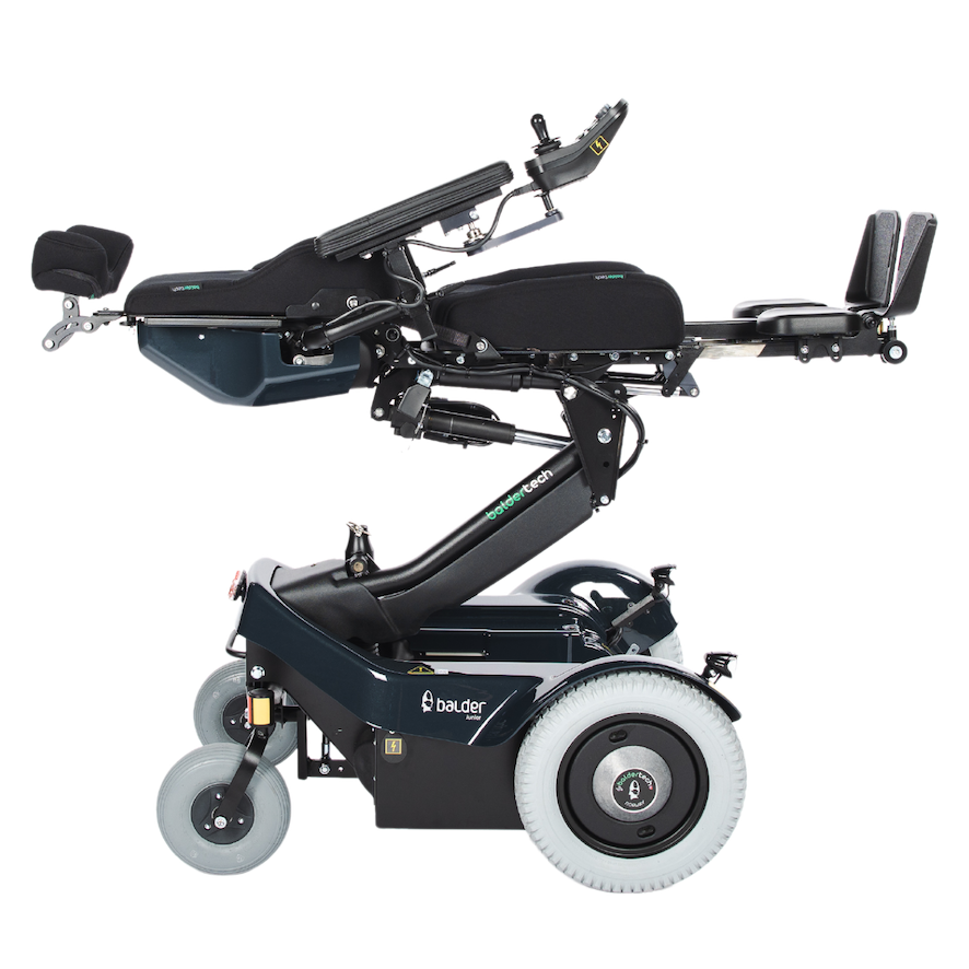 The side view of a Balder Junior J335 childrens powerchair in a laying flat position.