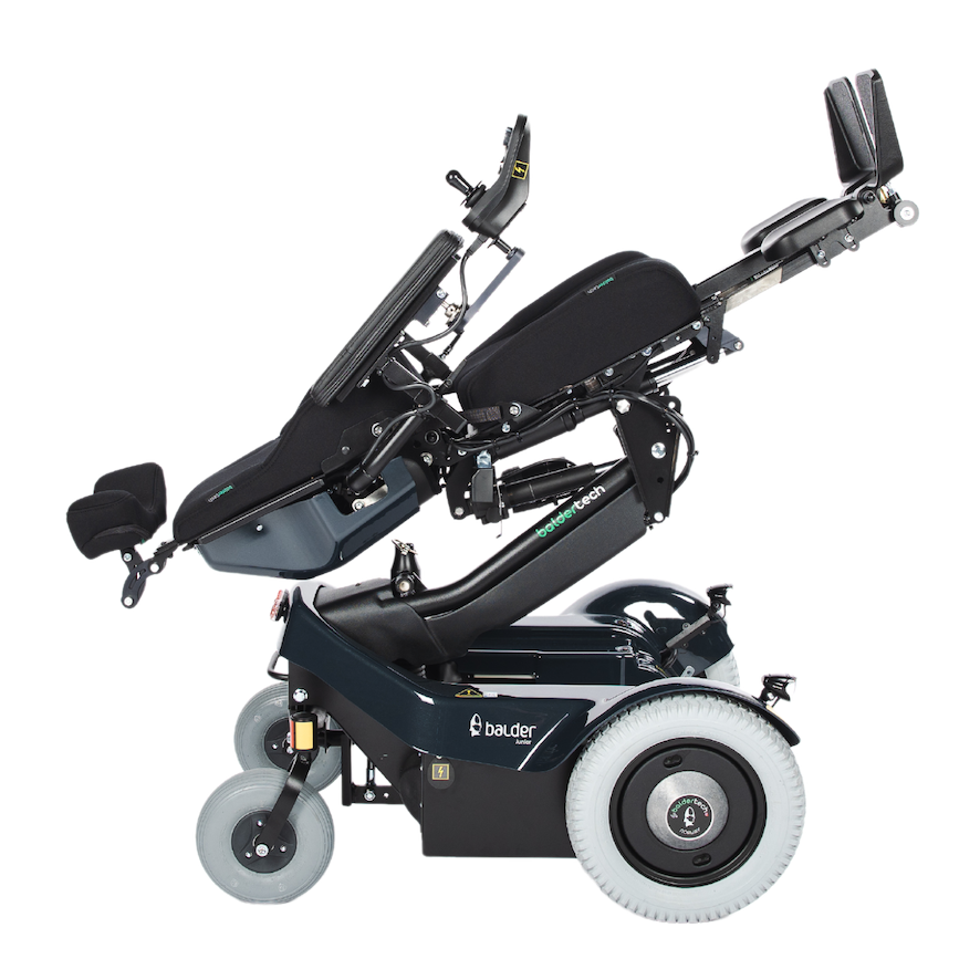 The side view of a Balder Junior J335 childrens powerchair in a laying flat position with the footrests raised above the height of the head.