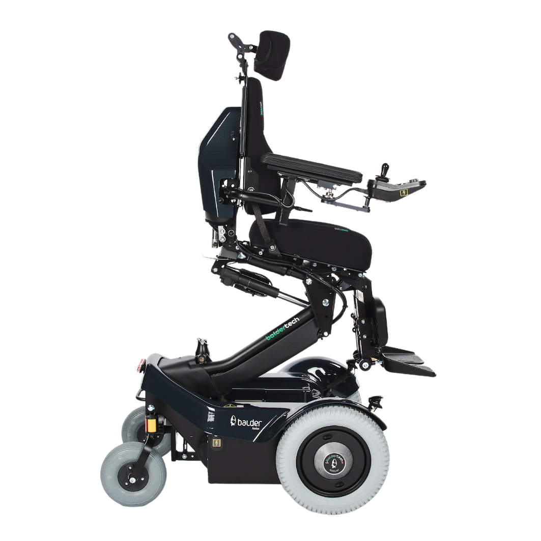 The side view of a Balder Junior J335 childrens powerchair in an elevated, leaning forward position.