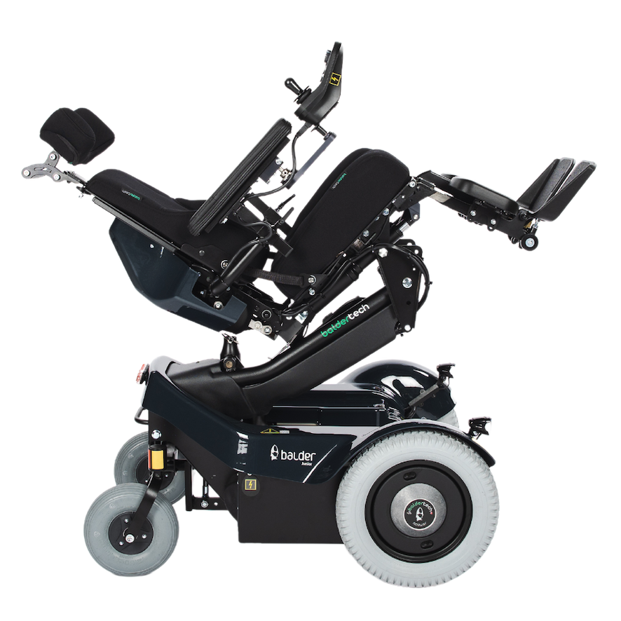 The side view of a Balder Junior J335 childrens powerchair in a reclined seating position.