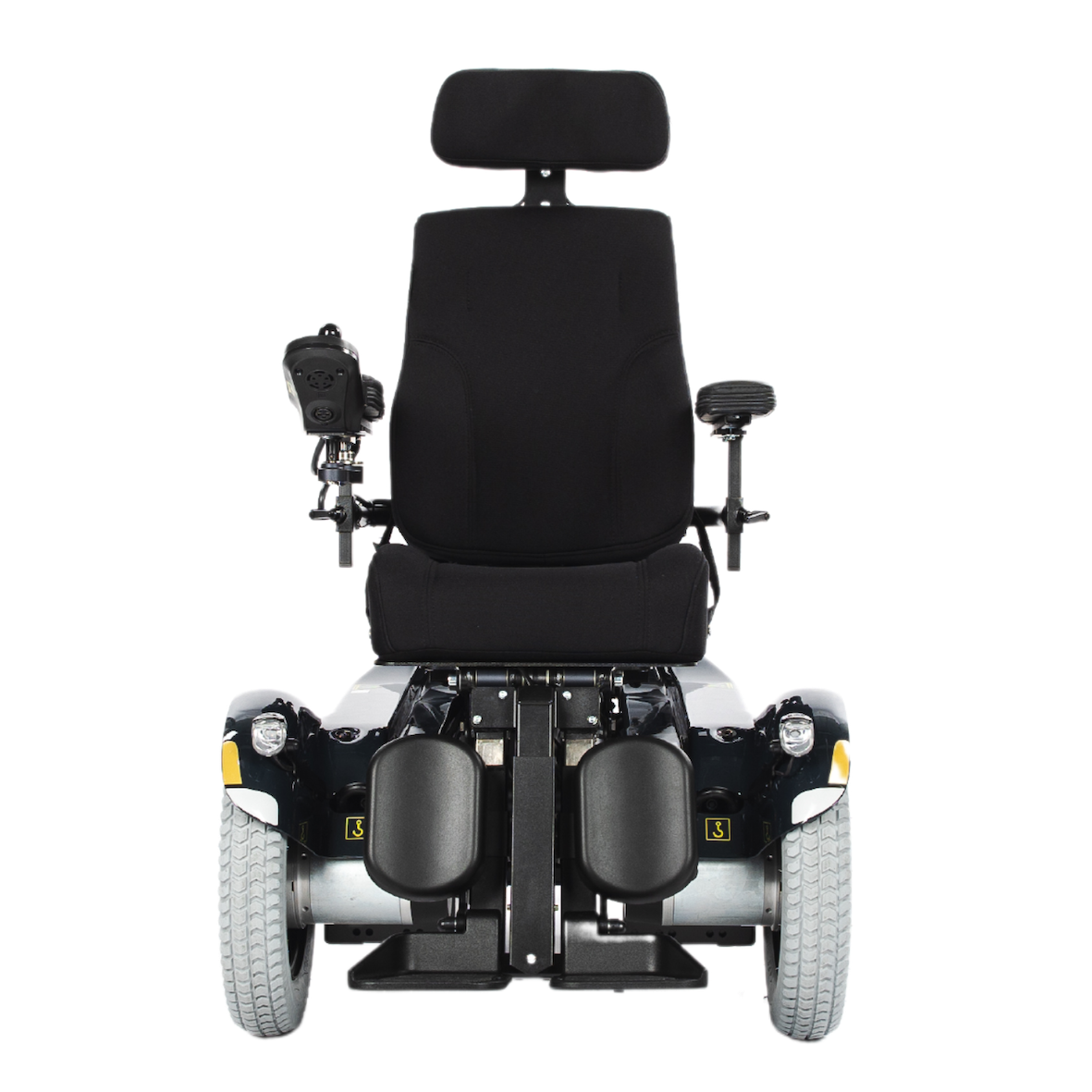 The front view of a a Balder Junior J335 childrens powerchair in a seated position.