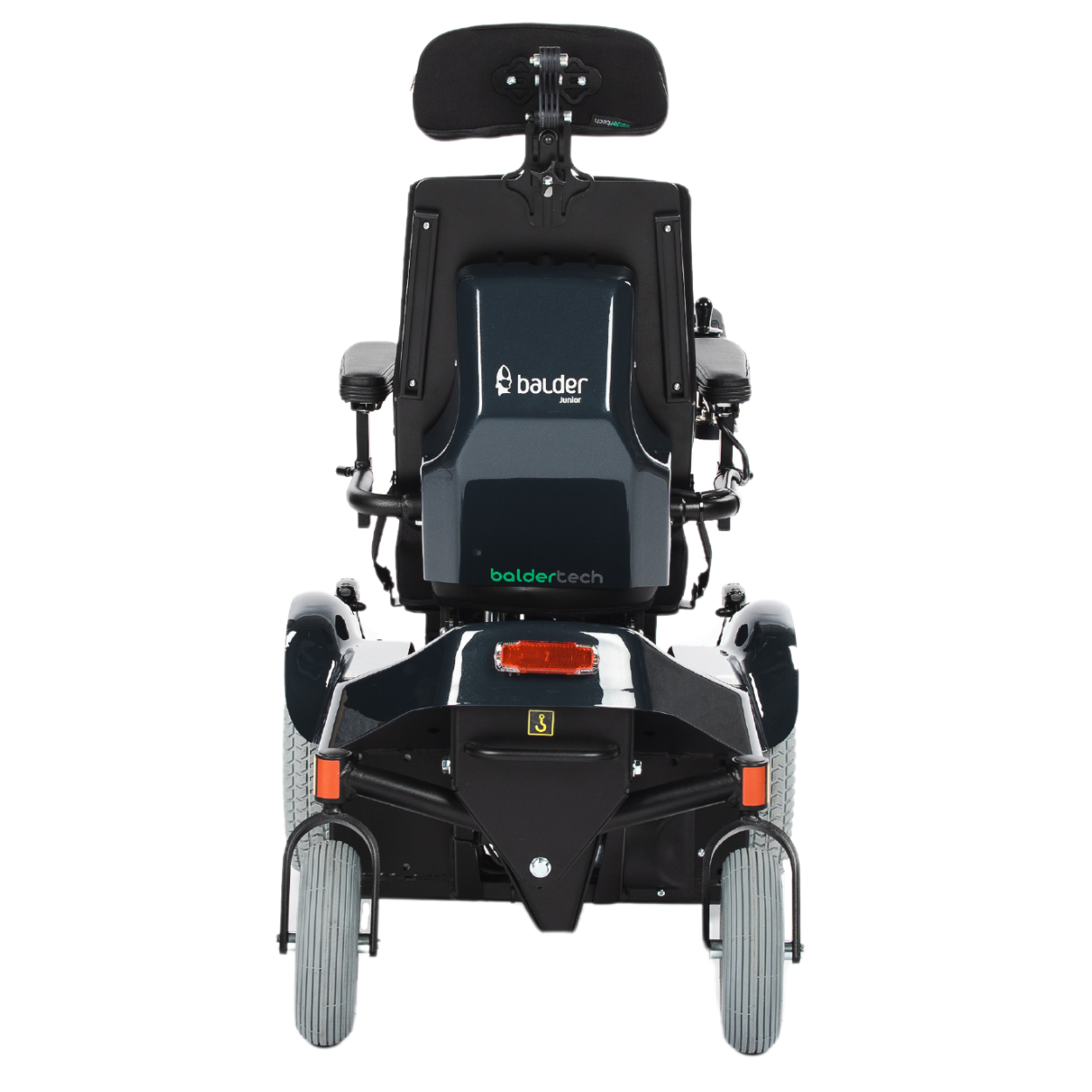 The rear view of a Balder Junior J335 childrens powerchair in a seated position.