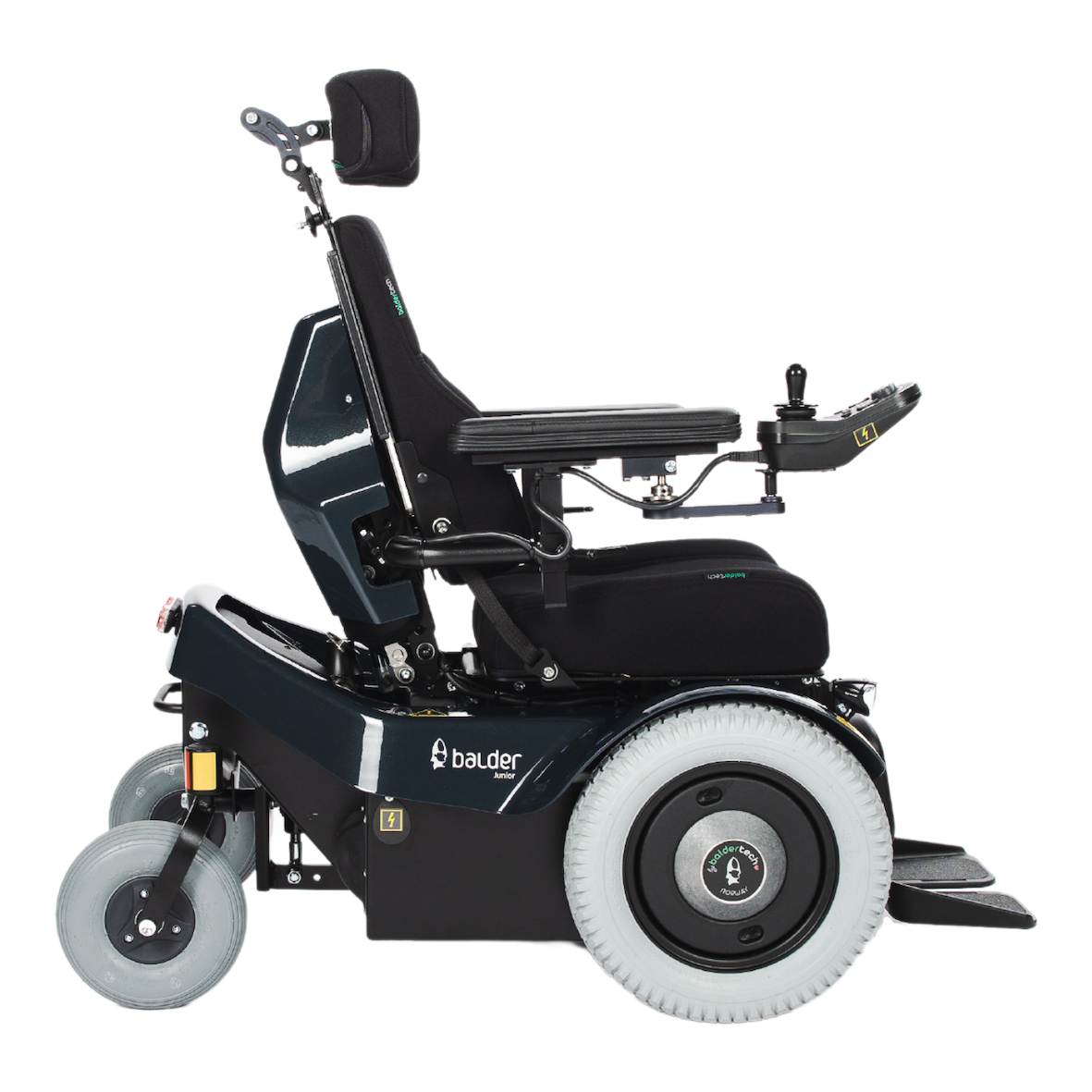 The side view of a Balder Junior J335 childrens powerchair in a seated position.