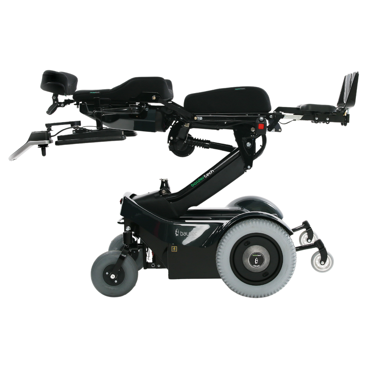 A Balder Junior J340 childrens standing powerchair. Shown in a laying flat position