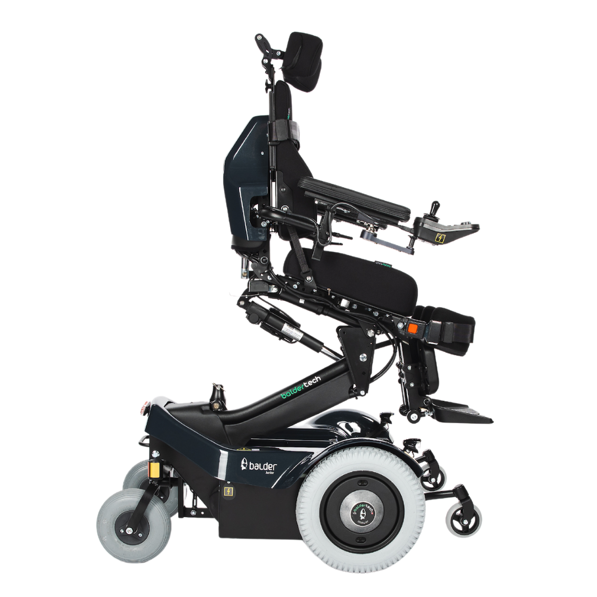 A Balder Junior J340 childrens standing powerchair. Shown in a leaning forward position