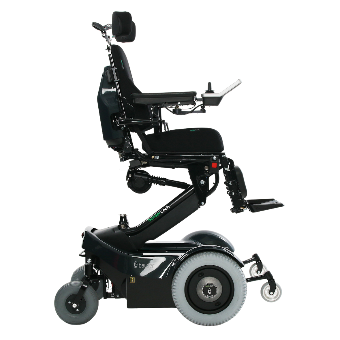A Balder Junior J340 childrens standing powerchair. Shown in an elevated seating position