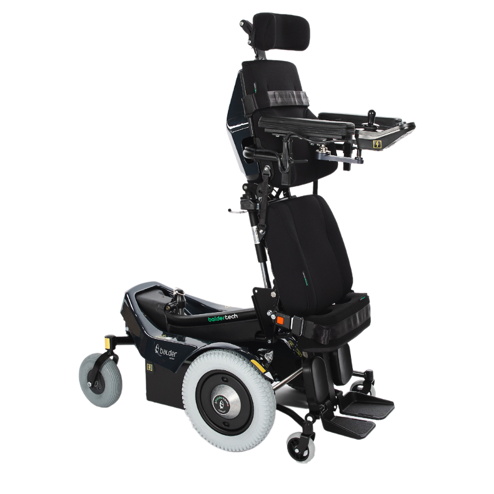 A Balder Junior J340 childrens standing powerchair. Shown in a standing position